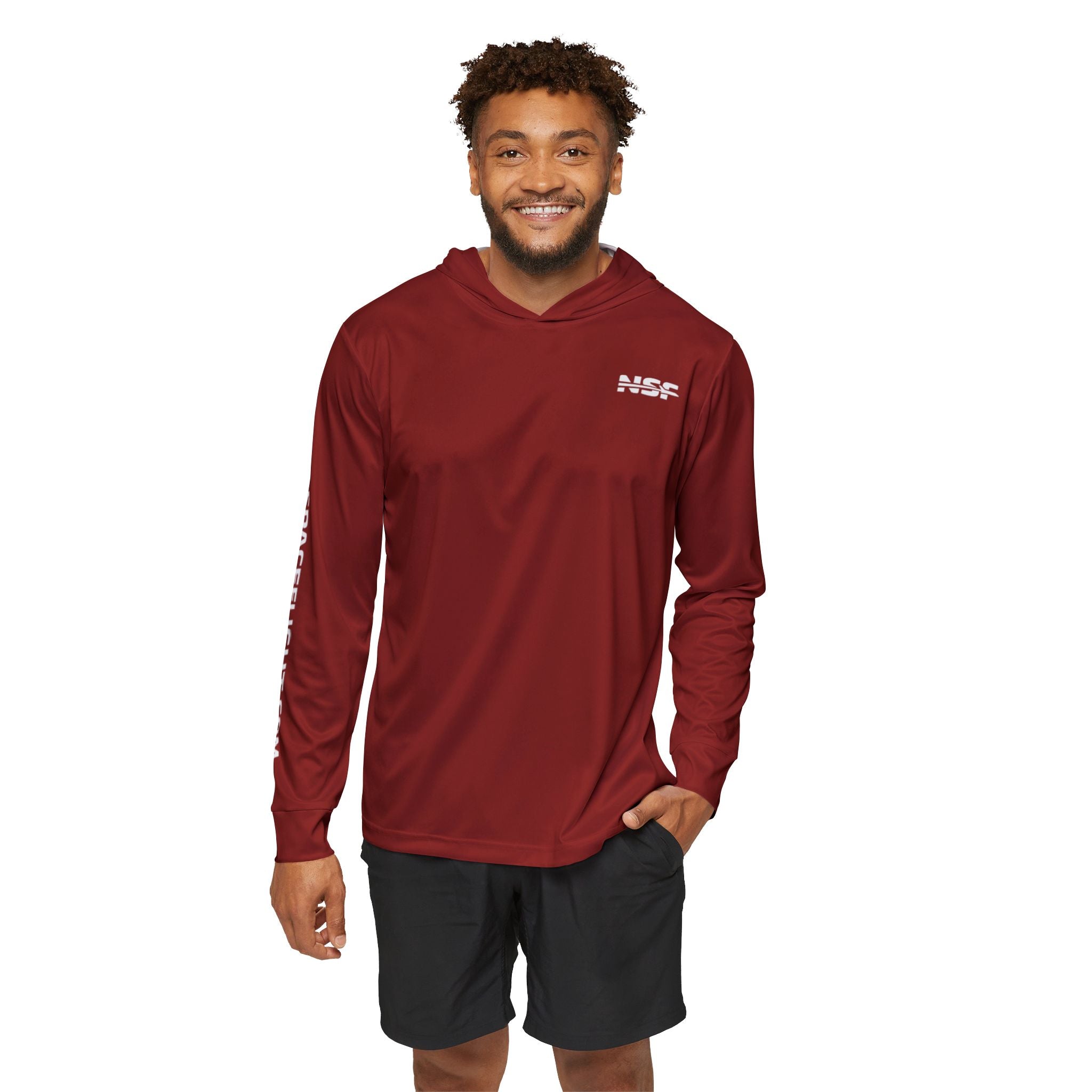 Red Artemis II Sun Shirt on a white background, The front and arm feature NSF branding while the back features the NSF Artemis II Patch.