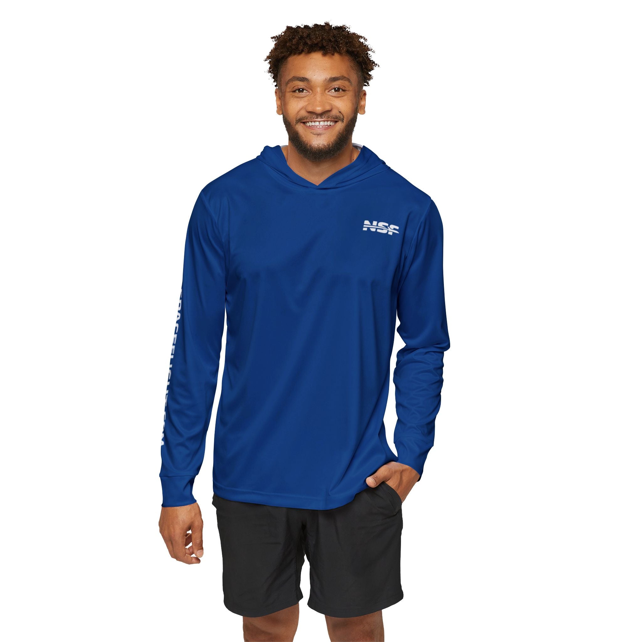 Blue Artemis II Sun Shirt on a white background see on a model, The front and arm feature NSF branding while the back features the NSF Artemis II Patch.