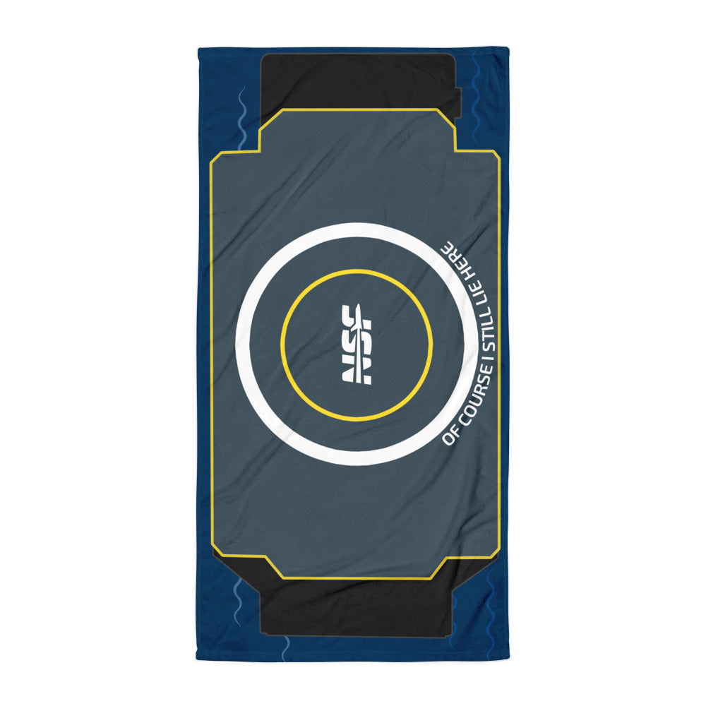 SpaceX "Of Course I Still Lie Here" autonomous droneship beach towel inspired by the Falcon 9 landing platform for spaceflight and rocket fans.