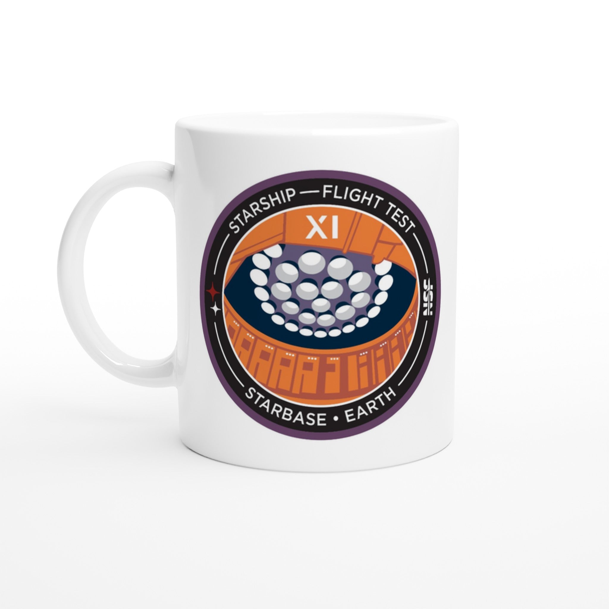 11oz white ceramic mug with Starship Flight 11 patch decal — microwave and dishwasher safe