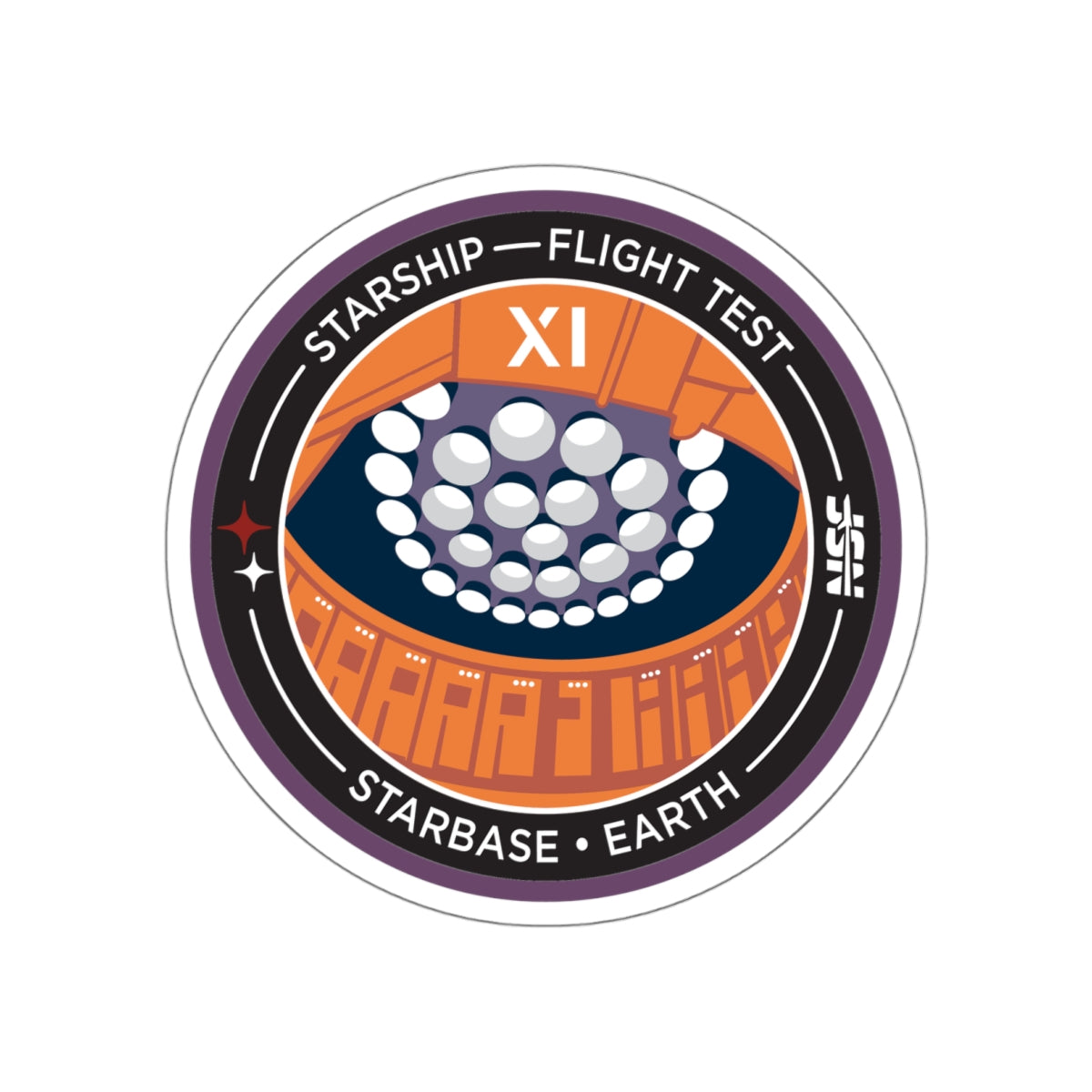 Starship Flight 11 patch sticker — water-resistant matte vinyl, easy-peel backing
