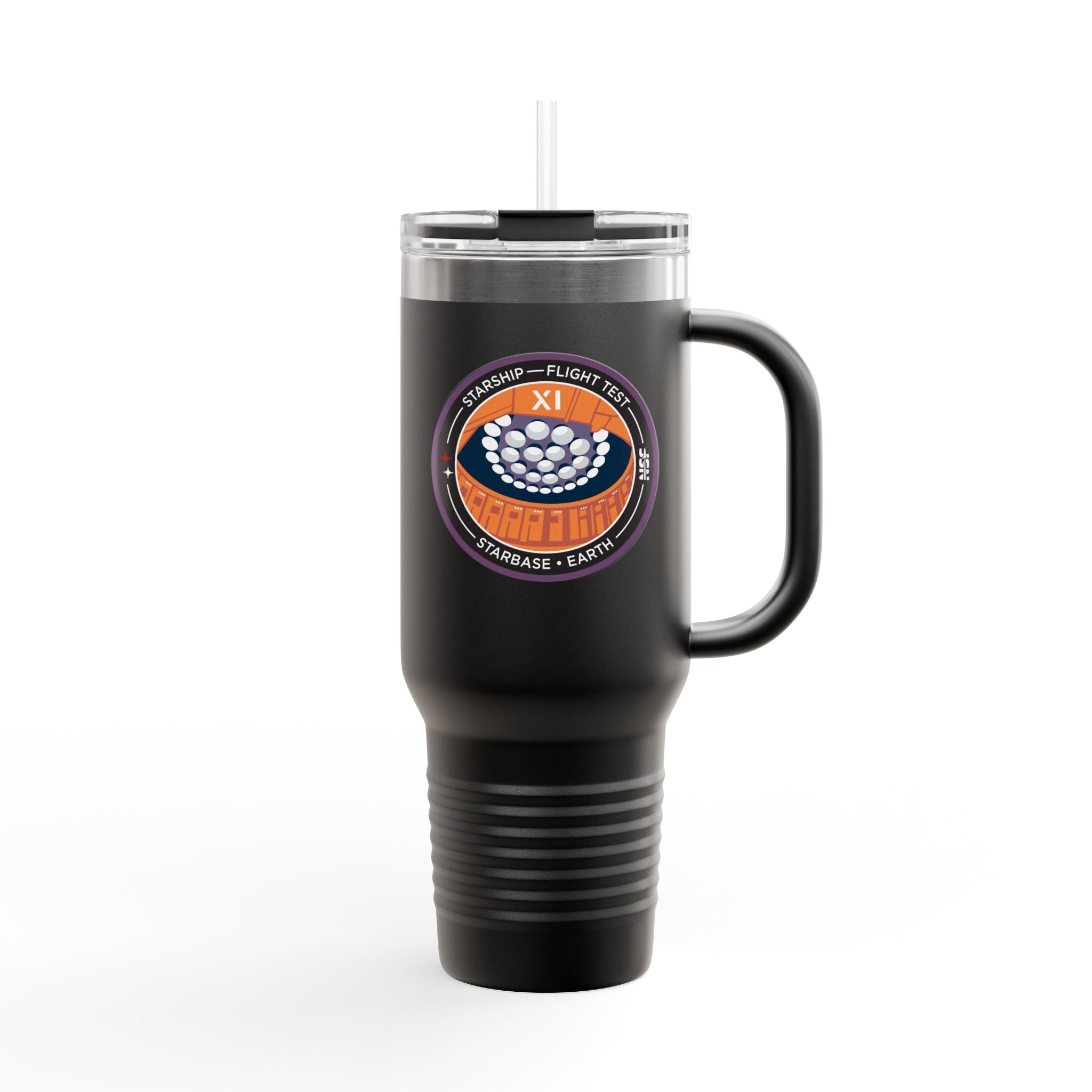 NSF Starship Flight 11 40oz insulated stainless tumbler with straw and lid, powder-coated finish — Black
