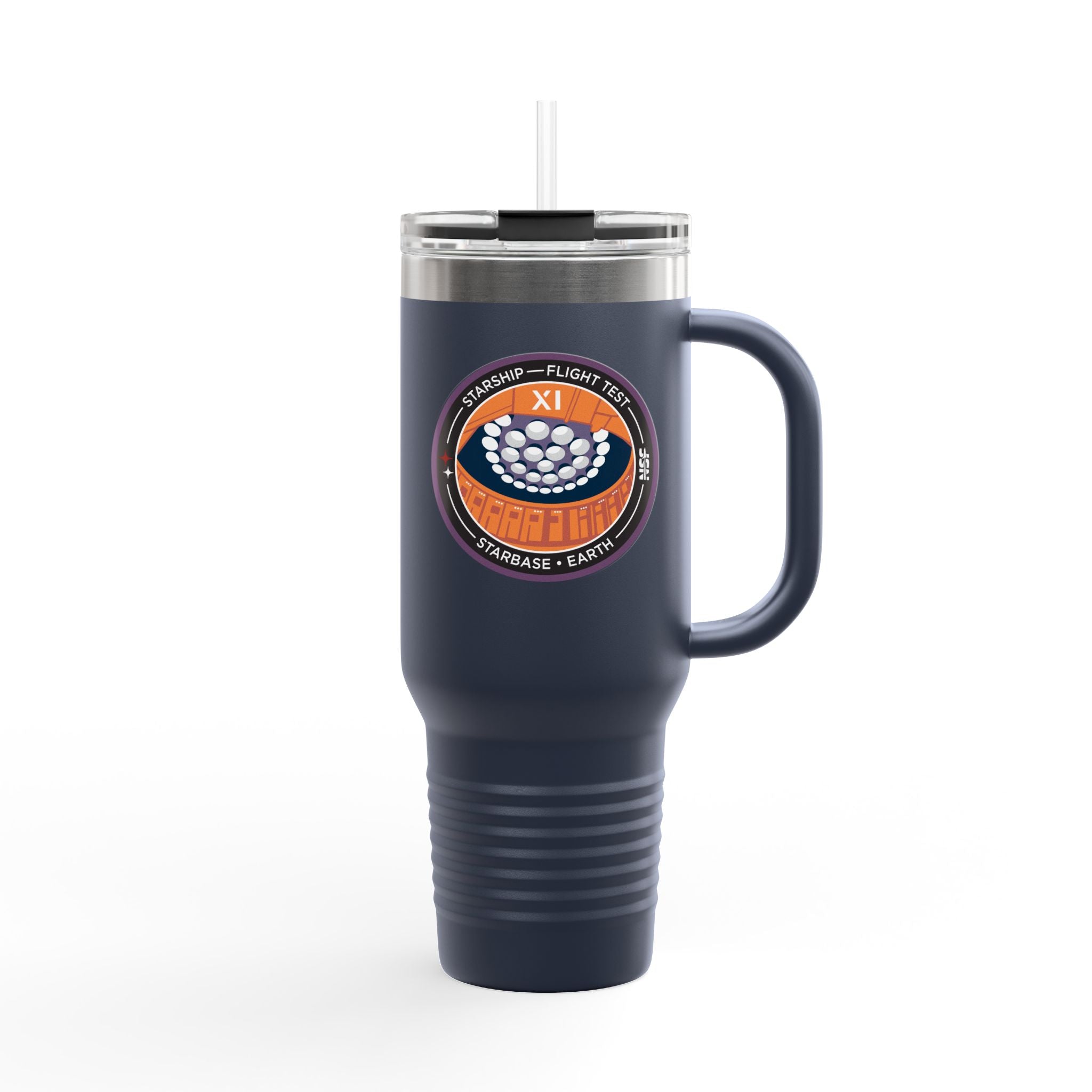 NSF Starship Flight 11 40oz insulated stainless tumbler with straw and lid, powder-coated finish — Navy