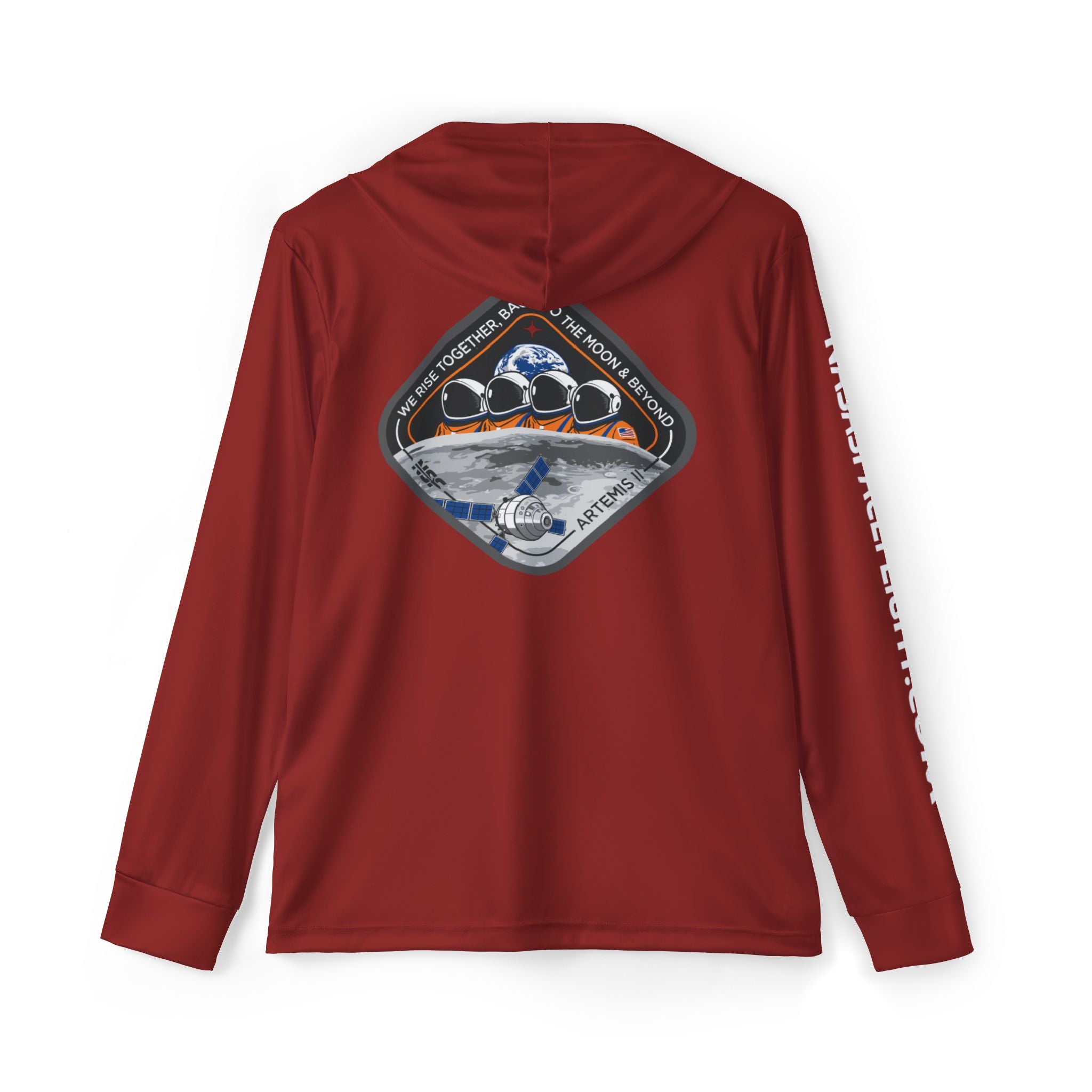 Red Artemis II Sun Shirt on a white background, The front and arm feature NSF branding while the back features the NSF Artemis II Patch. 