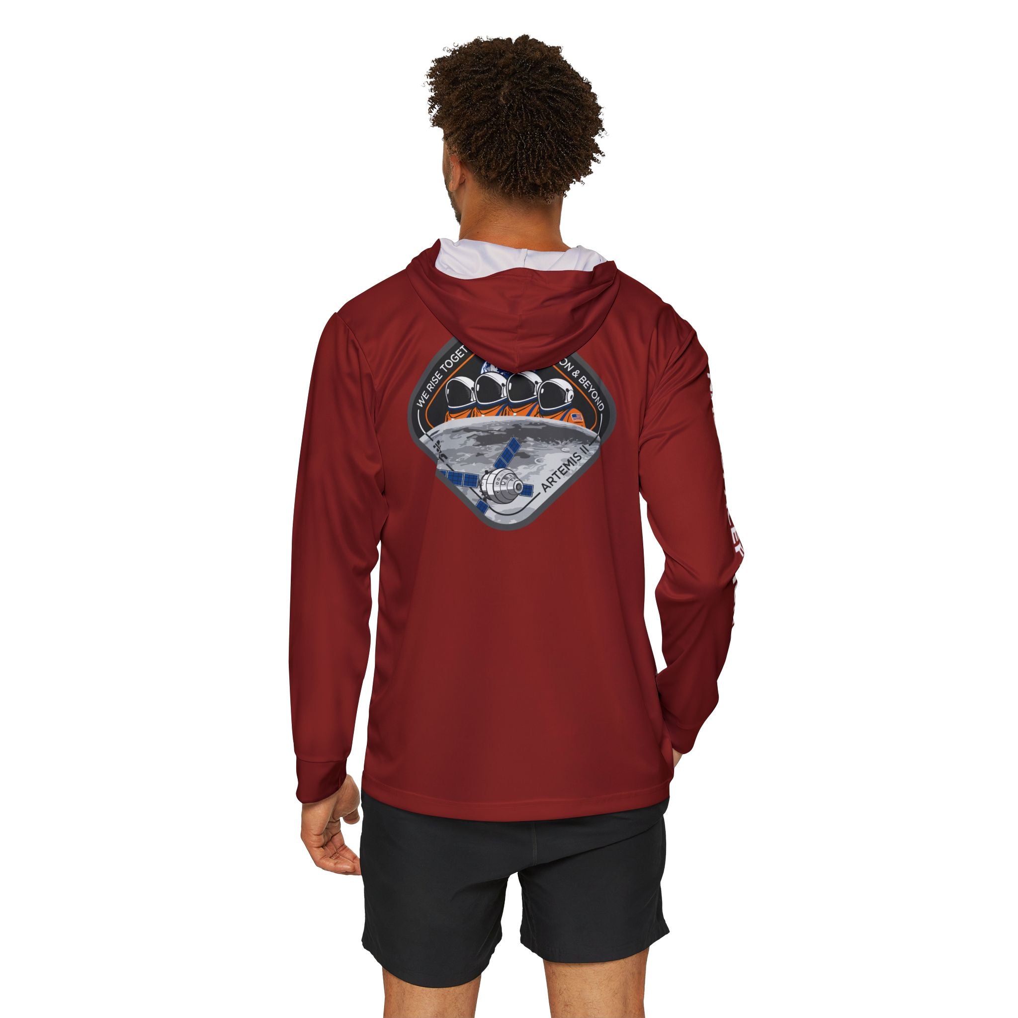Red Artemis II Sun Shirt on a white background, The front and arm feature NSF branding while the back features the NSF Artemis II Patch. 