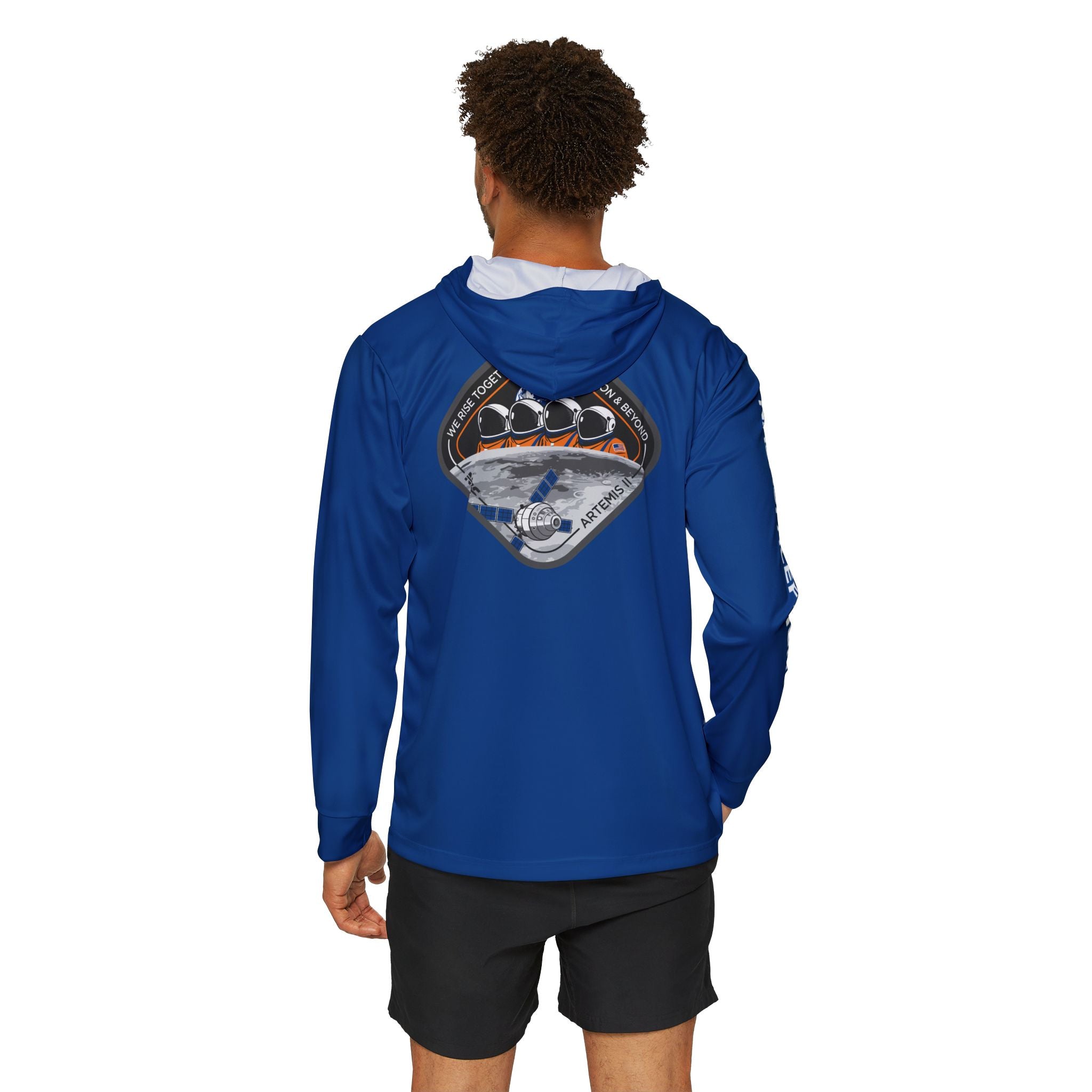 Blue Artemis II Sun Shirt on a white background with the back showing, The front and arm feature NSF branding while the back features the NSF Artemis II Patch. 