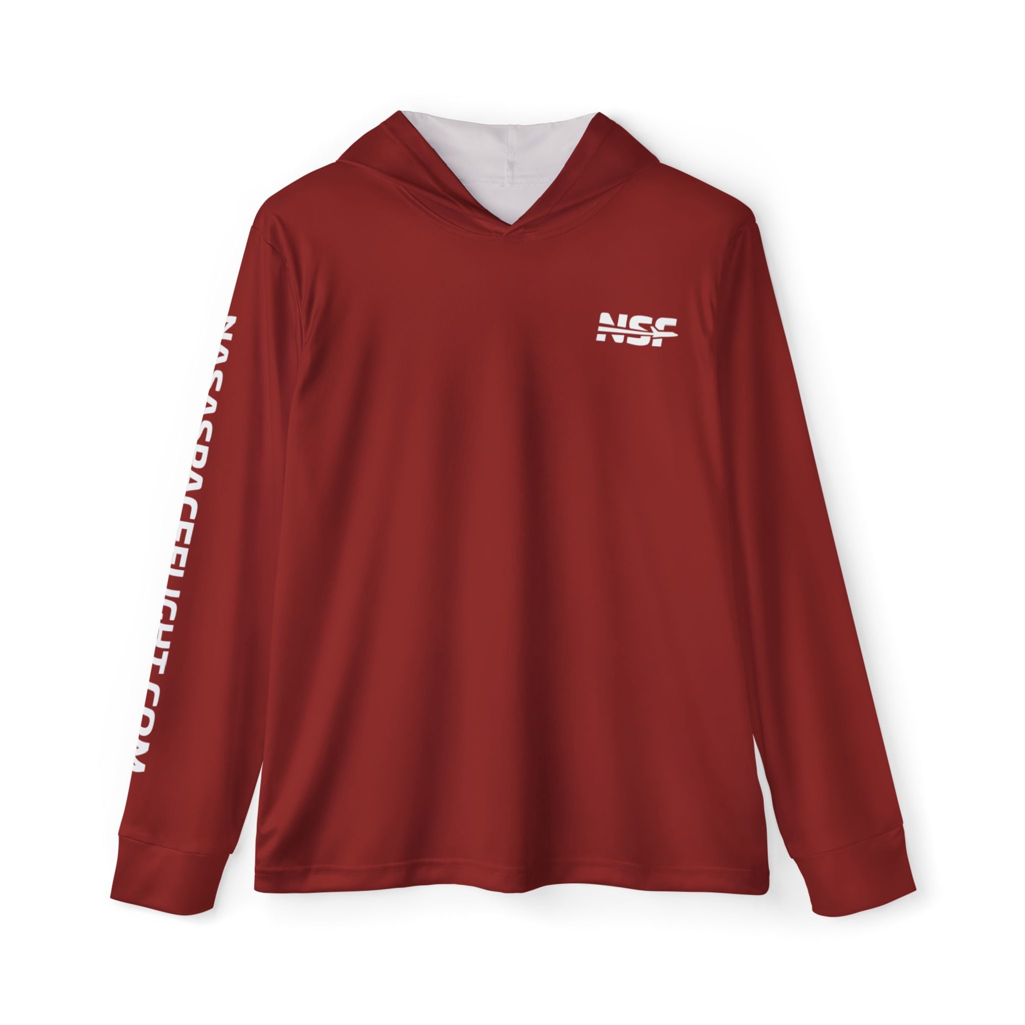 Red Artemis II Sun Shirt on a white background, The front and arm feature NSF branding while the back features the NSF Artemis II Patch. 