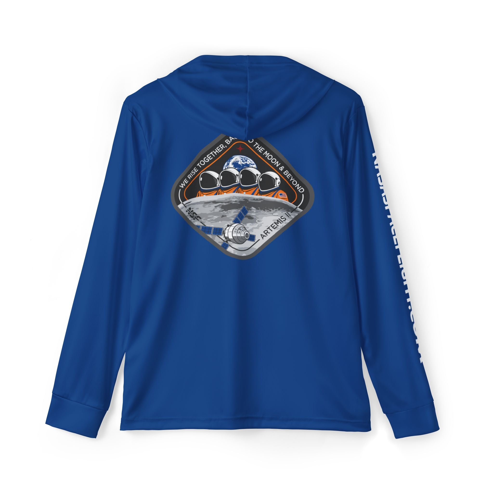 Blue Artemis II Sun Shirt on a white background with the back showing, The front and arm feature NSF branding while the back features the NSF Artemis II Patch. 