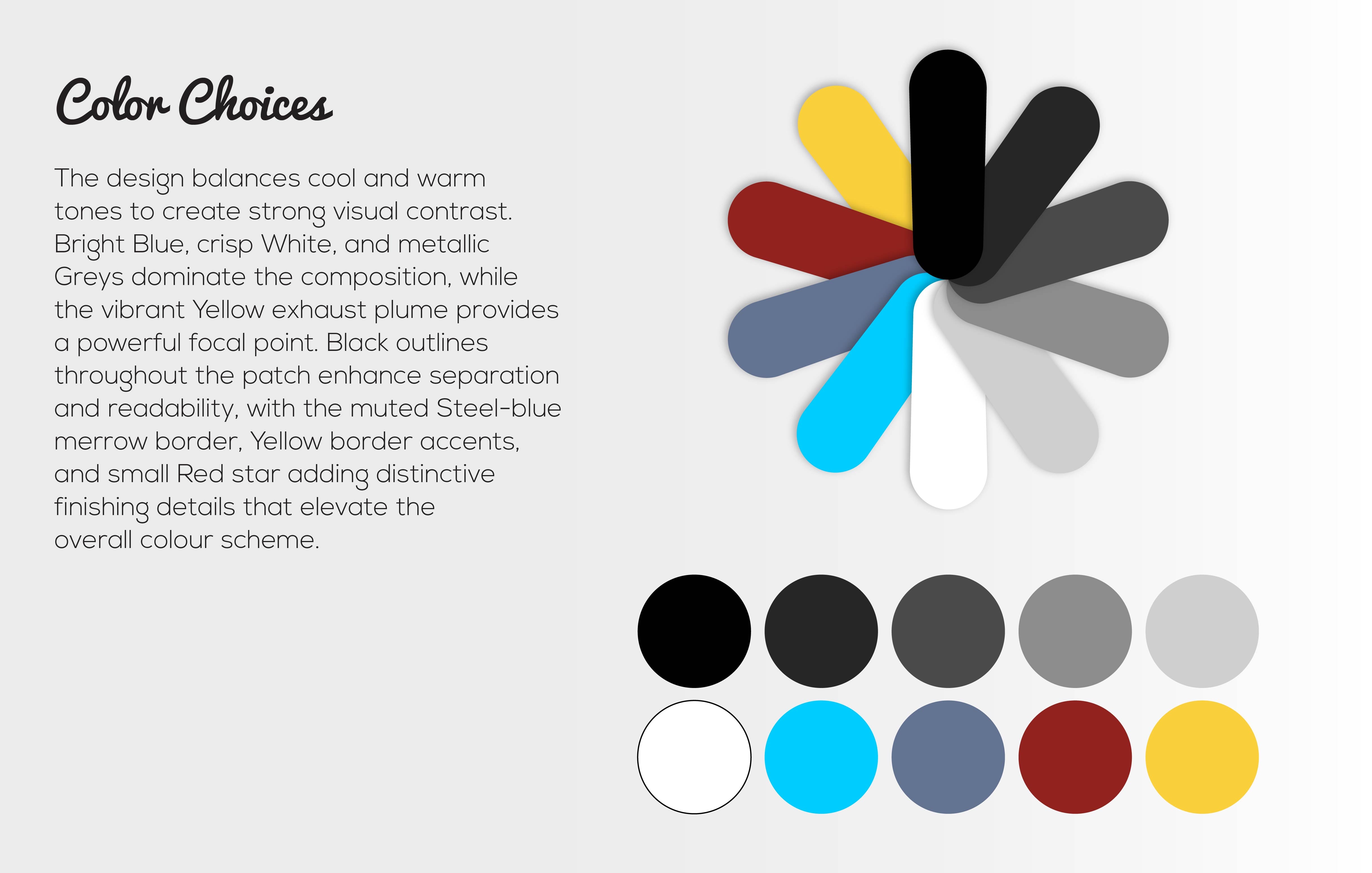 Color options graphic for a patch design, showing a central color wheel with black, gray, red, yellow, blue, and white segments, plus a row of circular color swatches below and descriptive text on a light gray background.