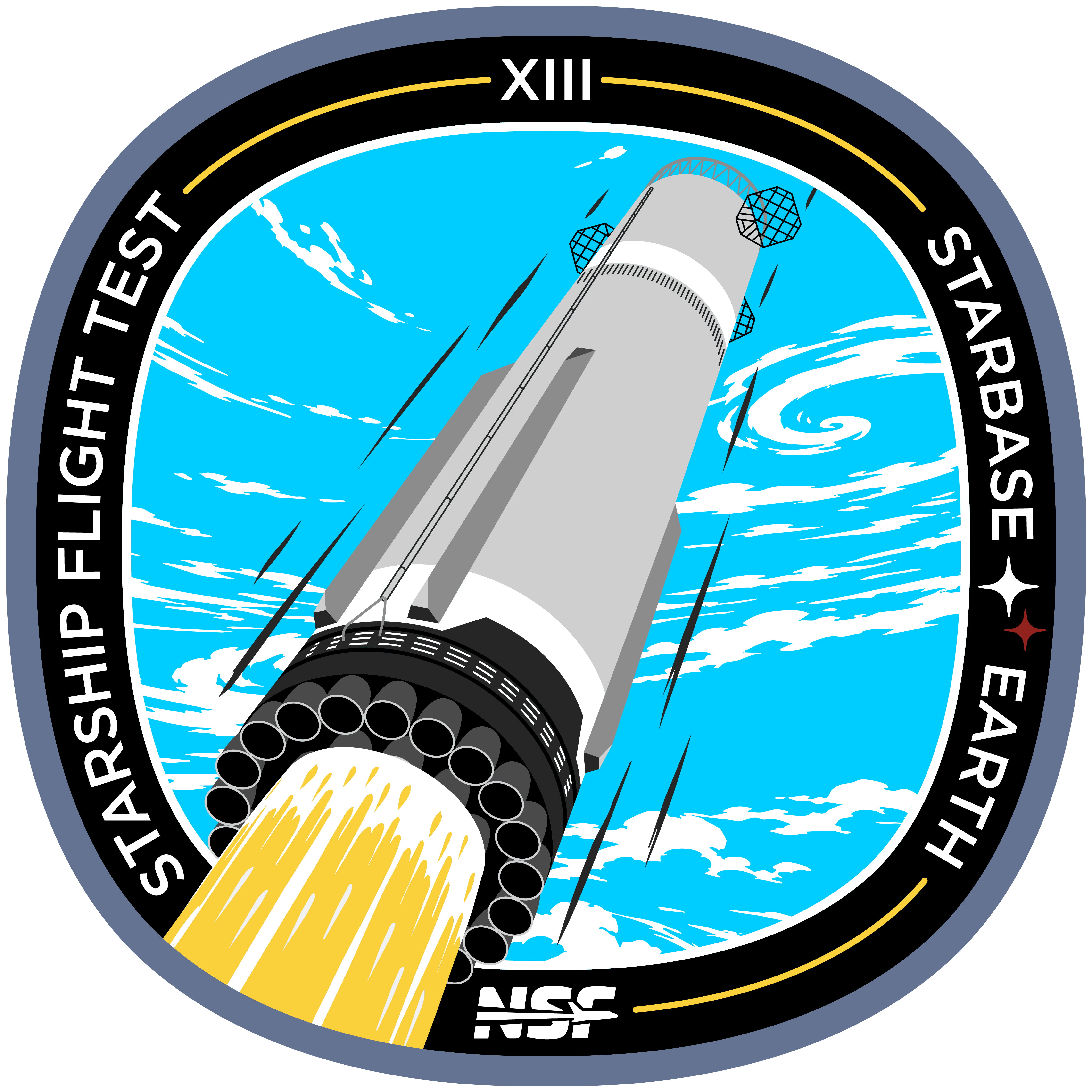 NSF SpaceX Starship Flight 13 Patch design on a transparent background. Featuring a Starship V3 booster shooting into a blue sky. 