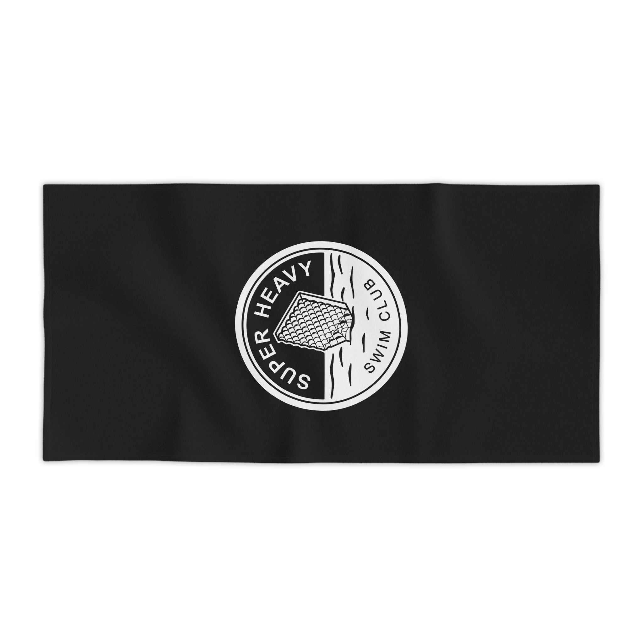 SpaceX Super Heavy booster-inspired beach towel, playful swim club design, lay flat.