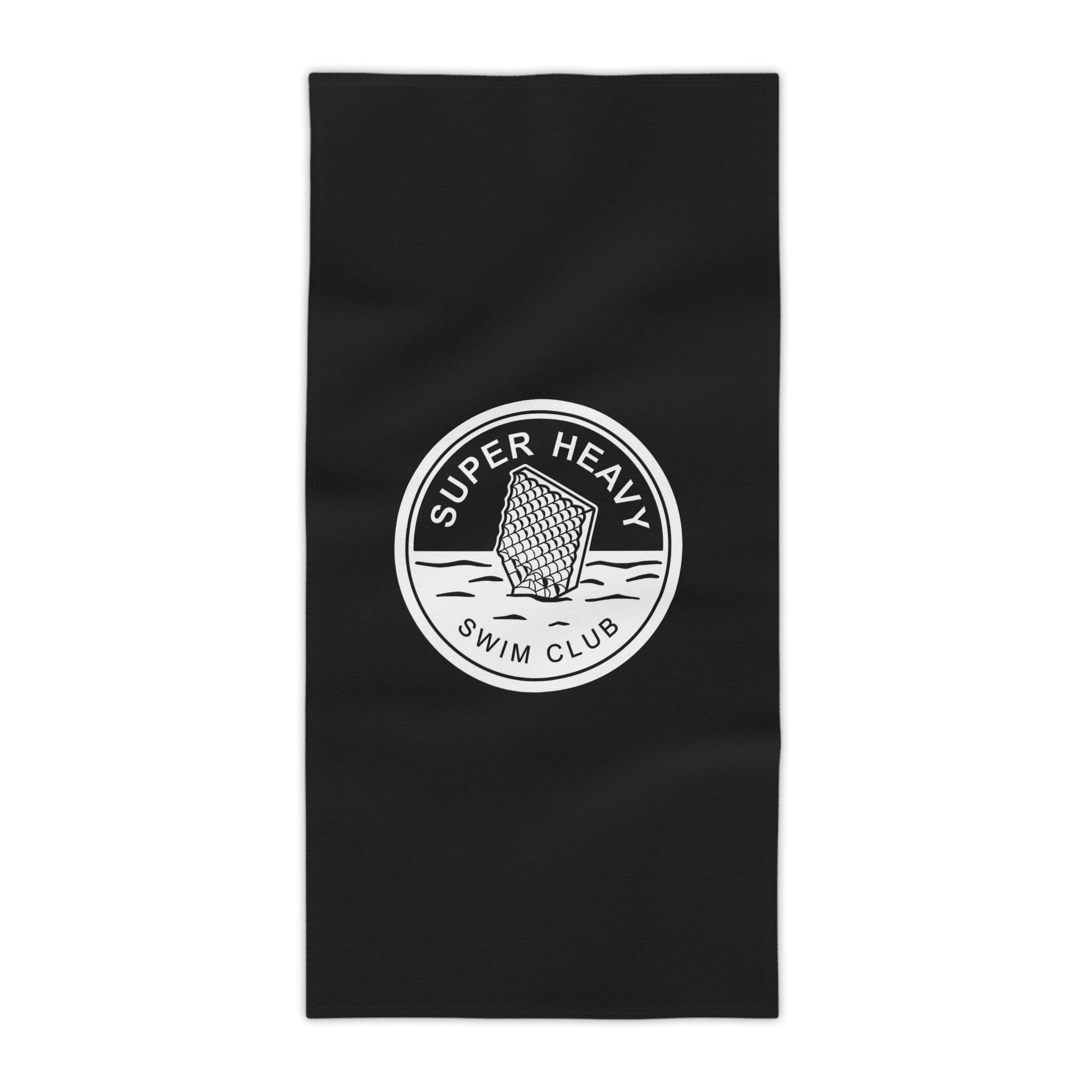 SpaceX Super Heavy booster-inspired beach towel, playful swim club design, lay flat.