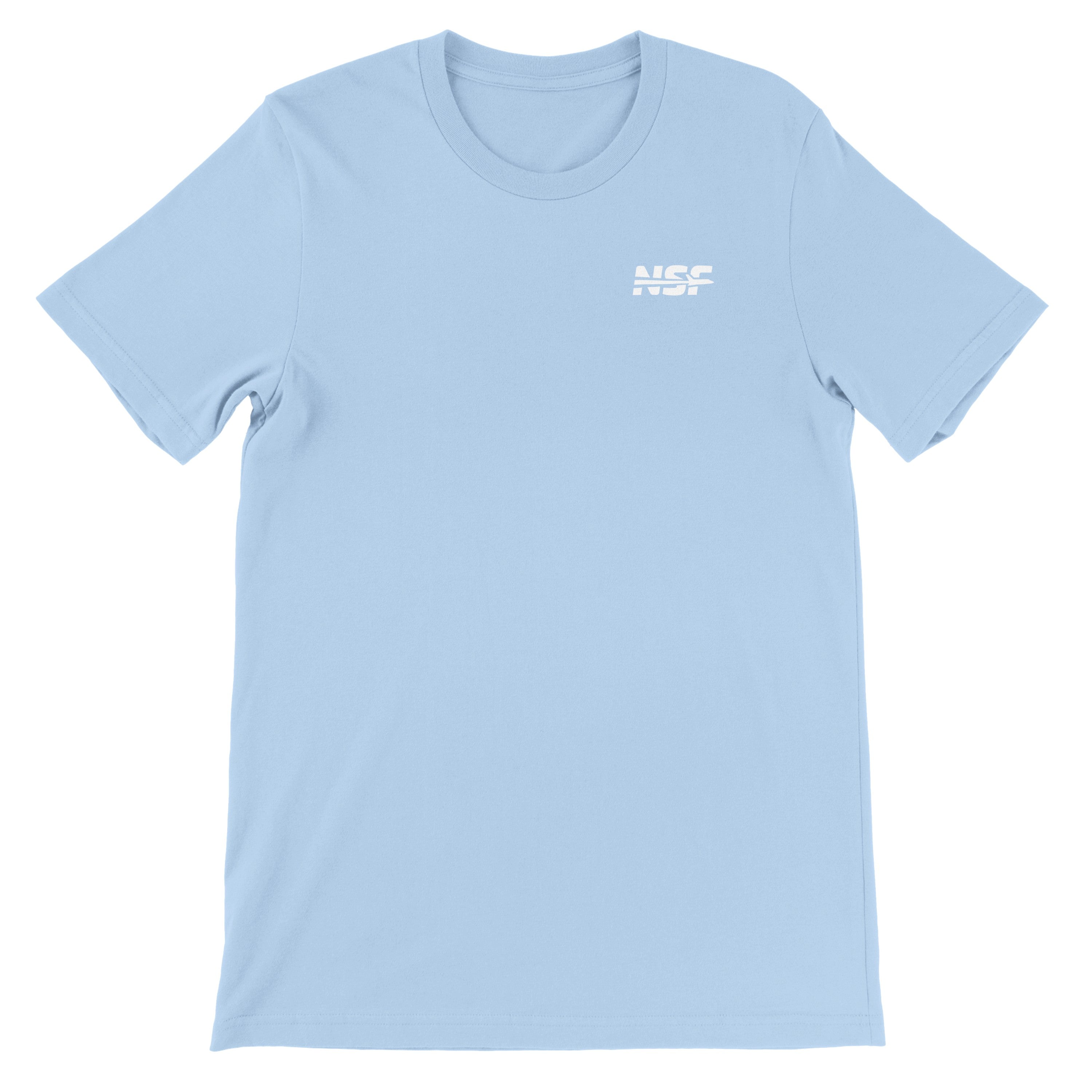 A Light Blue t-shirt featuring the NSF logo on a white background. 